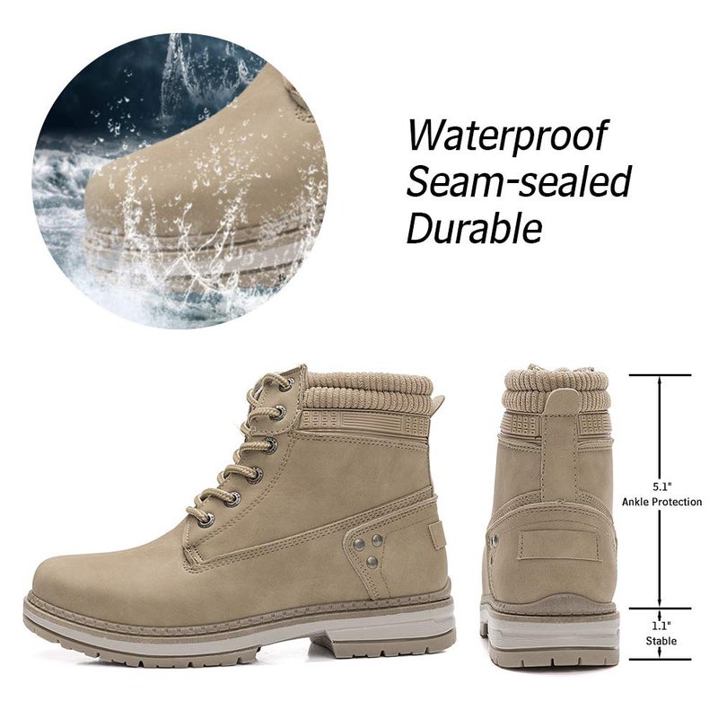 Athlefit Women's Work Waterproof Hiking Combat Boots Lace up Low Heel Booties Ankle Boots Size 9 KHAKI - Image 2
